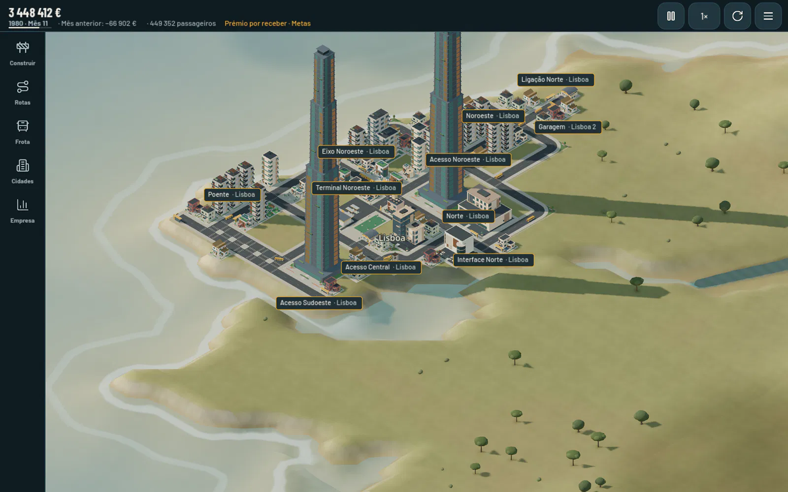The game on a tablet: the top bar, the section column and the map