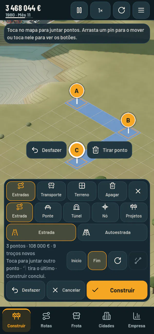 A road drawn through points A, B and C, with the buttons of the last pin