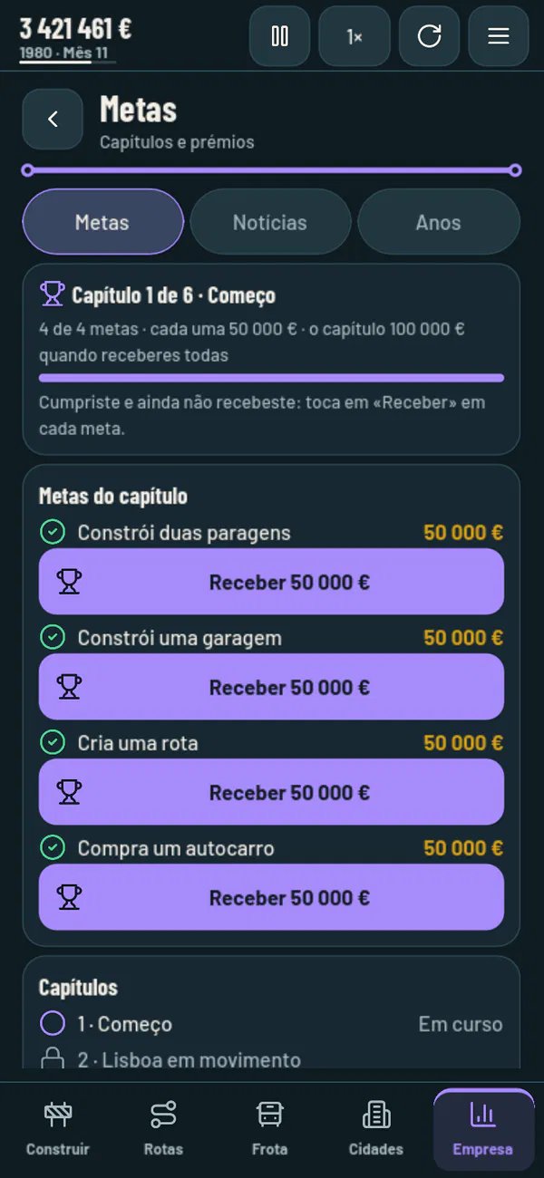 The Goals page, with the current chapter and the prizes