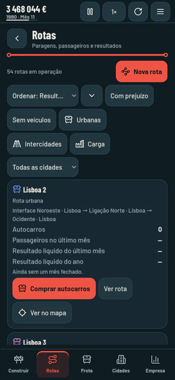 The Routes page, with each route's result